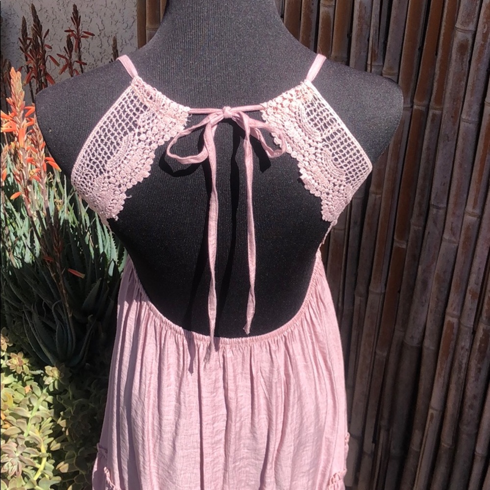 BRAND NEW Pink Cotton & Crochet Lace Open Back Ruffle Hem Halter Dress Sz Large - Picture 3 of 14